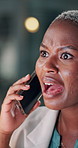 Black woman, phone call and angry at night in office with stress, crisis and deadline at media company. African person, smartphone and editor with overtime, article and frustrated at press agency