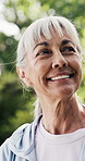 Smile, thinking and senior woman in nature for wellness, fresh air and reflection for health. Park, retirement and happy elderly person with thoughts outdoor, positive mindset and daydreaming