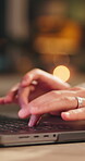 Hands, laptop and typing with employee person at desk in office for planning or research at night. Computer, feedback and report with business man in dark workplace for deadline, overtime or schedule