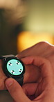 Green screen, hands and smart watch with man at night for monitoring or tracking activity closeup. Display, mockup and time management with person in dark for online checking of digital information