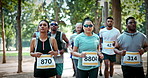 Running, marathon and group of people in park for race, endurance challenge or fitness event. Sports, athlete and men and women outdoor for runners contest, competition or exercise for cardio workout