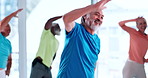 Stretching, elderly people and happy in class, exercise and active with personal trainer or fitness. Gym, old women and workout with senior men, instructor and training for wellness and retirement
