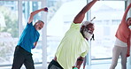 Senior people, training and dumbbells in class, exercise and stretching to prevent muscle stiffness. Gym, old women and workout with elderly men, together and active with equipment and fitness