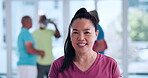 Face, fitness and class with old woman in studio for mobility workout, health or joint friendly exercise. Wellness, learning or senior training group with portrait of person for smile and hobby
