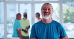 Face, fitness and smile with old man in studio for mobility workout, health or joint friendly exercise. Wellness, learning or senior training group with portrait of person for class and hobby