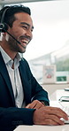 Happy, headset and business man on computer for stock market, investment advisor and broker deal. Corporate, communication and person in conversation for financial consulting, advice and negotiation