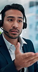 Finance, headset and business man in office for stock market, investment advisor and feedback. Corporate, communication and person in conversation for financial consulting, advice and negotiation
