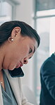 Busy, employee and woman in office, phone call and discussion with client for appointment and notes. Financial advisor, multitask and person with tech for chat, chaos and time management with journal