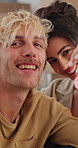 Happy couple, face and property with keys for purchase, buying or investment together. Portrait, man and woman in POV with kiss, peace sign or homeowners moving in for selfie, photography or picture