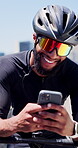Man, bicycle and cyclist laughing with phone in city for funny message, fitness app or cycling break. Happy, athlete and smartphone on bike outdoor to track performance, exercise progress and texting