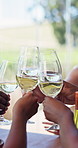 Cheers, wine and hands of friends in restaurant for social gathering, reunion and tasting event. Weekend, happy and people with alcohol, drinks and toast for bonding, connection and celebration