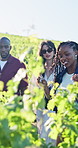 Tourism, walking and people in vineyard for wine tasting, travel experience and holiday in nature. Farm, outdoor and men and women in countryside for vacation, tour guide and winery information