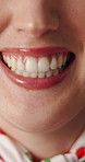 Lipstick, smile and teeth of woman closeup for satisfaction with dental hygiene or whitening. Dentistry, oral care and orthodontic benefits with happy person showing results of tooth treatment