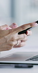 Person, hands and typing with phone or laptop for email, communication or network connection. Closeup, writer or journalist with mobile smartphone app or computer for writing, story or online article