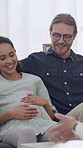 Happy, couple and pregnant woman in office, therapy session and preparing for parenthood with advice. Pregnancy, counseling and people with smile for consultation, patient and talk with psychologist