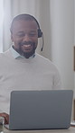Therapist, video call and man with headset, telehealth and helping with advice, flare and assessment. Mature psychologist, notes and black person with laptop for virtual meeting, happy and counseling