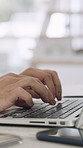 Business, hands and typing on laptop in office for news publication, editing and column submission. Journalist, person and tech at publishing agency for article draft, story research or creative blog