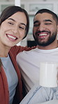 Couple, selfie and happy for hug on sofa with bonding, relax or coffee for web post in home. Man, woman and partner with photography, smile and profile picture for social media on app at apartment