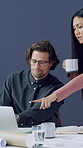 Coffee, laptop and pointing with architect people in office together for discussion or meeting. Collaboration, computer and drink with architecture team in creative workplace for planning or review