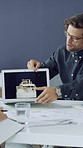Laptop screen, model and notebook with architect people in office together for discussion or meeting. Collaboration, computer and illustration with architecture team at work for planning or review
