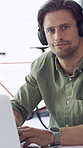 Face, headphones and business man with laptop, streaming sound and portrait of happy copywriter. Computer, person and professional with audio at work, typing or copywriting with music blog in office