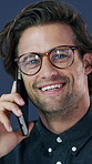Happy, businessman and face with phone call for conversation, chat or online advice in studio. Portrait, man or friendly consultant talking with smile or glasses on mobile smartphone for discussion