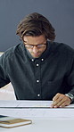 Architecture, drawing and man with blueprint in office, floor plan and engineering design development. Property remodeling, precision or person with ruler for building scale, sketch or illustration