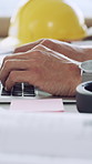 Laptop, hands and architect typing in office for construction project, email or digital blueprint. Computer, architecture and person with keyboard for engineering, building design or development