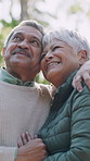 Morning, hug and senior couple in nature for fresh air, bonding and connection in neighborhood. Retirement, marriage and elderly man with woman embrace for affection, love and relationship with flare
