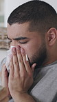 Couple, sick man and blowing nose with tissue for comfort, influenza or flu symptoms in home. Male person, coffee and care with partner, drink or love for virus, hayfever or allergy together in house