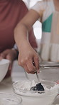 Baking, hands and child with grandmother in kitchen for learning, helping and prepare dessert. Family, home and girl with grandma for bonding, love and fun with ingredients for cake, flour and recipe