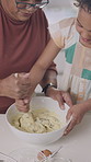 Baking, dough and child with grandmother in kitchen for learning, helping and prepare dessert. Family, home and girl with grandma for bonding, love and mix with ingredients for cake, treats or recipe