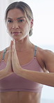 Yoga, prayer hands and woman in home with exercise for balance, wellness and health in morning. Healing, calm and female person with meditation for posture, mindfulness or stretching in apartment.