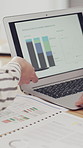 Documents, laptop screen and hands of business people in office with finance charts, graphs or data. Computer, paperwork and financial manager with investor for investment report in workplace.