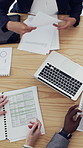 Above, hands and documents in office with laptop, project planning and data analysis for sales insight. People, paperwork and computer in meeting with business management, profit stats and proposal.