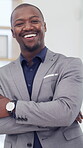 Happy, face or business man with arms crossed in office for finance ambition, risk management or pride. Financial manager, black person or smile at firm for about us, career development or compliance