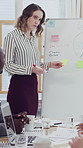 Business, woman or presentation with whiteboard for staff training, performance or review in office. Female person, employee or speaker talking with group for sales planning company report or ideas