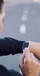 Fitness, athlete and hands with smart watch on road for workout, progress or heart rate on app. Check performance, results and person with tech for exercise goals, training and recovery time on web
