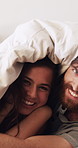 Cover, face and funny with couple in bed together for moment, morning bonding or wake up. Blanket, laughing and love with happy people in bedroom of home for relationship, security or wellness