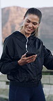 Fitness, audio and woman in city with dance, music and workout or exercise for training outdoor. Sports, runner and happy person with earphones, radio and playlist for movement, energy and practice