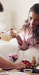 Happy, couple and breakfast in bed with love, bonding and fruit for comfortable or romantic vacation. Eating, strawberry and people with croissant in bedroom for holiday, honeymoon and morning