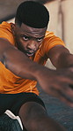 Exercise, legs and stretching with black man outdoor for preparation or start of cardio workout. Breathing, fitness and warm up with African runner on ground for balance, challenge or training