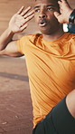 Black man, exercise and sit ups in city for fitness, strong core or outdoor with twist for muscle. African person, workout and training in street, bridge or challenge for wellness on ground in town