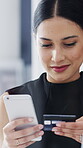 Mobile, credit card or business woman in office, online shopping or corporate budget for purchase checkout. Typing, payment details or secretary with phone for workplace resources, ecommerce or smile