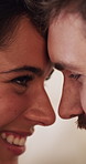 Smile, forehead touch and couple in home with love, bonding or marriage with date together. Happy, care and man with woman for connection with trust, security or romance in relationship at house.