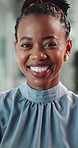 Face, business and happy black woman, event planner and confidence with pride in workplace. Portrait, about us and creative professional with smile, venue organizer and career opportunity in office