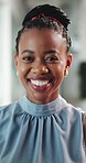 Face, business and happy black woman in office, confidence and event planner laughing. Portrait, funny and creative professional with smile, about us and venue organizer in workplace in Kenya