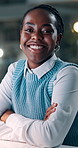 Portrait, employee and woman with arms crossed, office and journalist with computer or working late. Newsroom, typing and black person with tech, online and happy for publication at night in Kenya