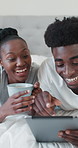Happy, black couple or relax with tablet in bed for entertainment or online subscription in home. Man, woman or smile with technology, drink or coffee in bedroom for network, internet or app in house