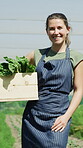 Face, vegetables or woman on farm with crate, confidence or experience in agriculture industry. Smile, portrait and produce distributor with basket, about us and career pride in sustainable business
